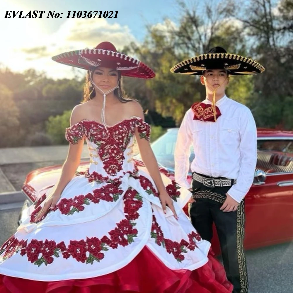 فستان Quinceanera باللون الأحمر من EVLAST مخصص من Charro فستان كوينسيانيرا مطرز بالزهور وكشكشة حلوة 16 فيستدوس دي 15 أنوس SQ578