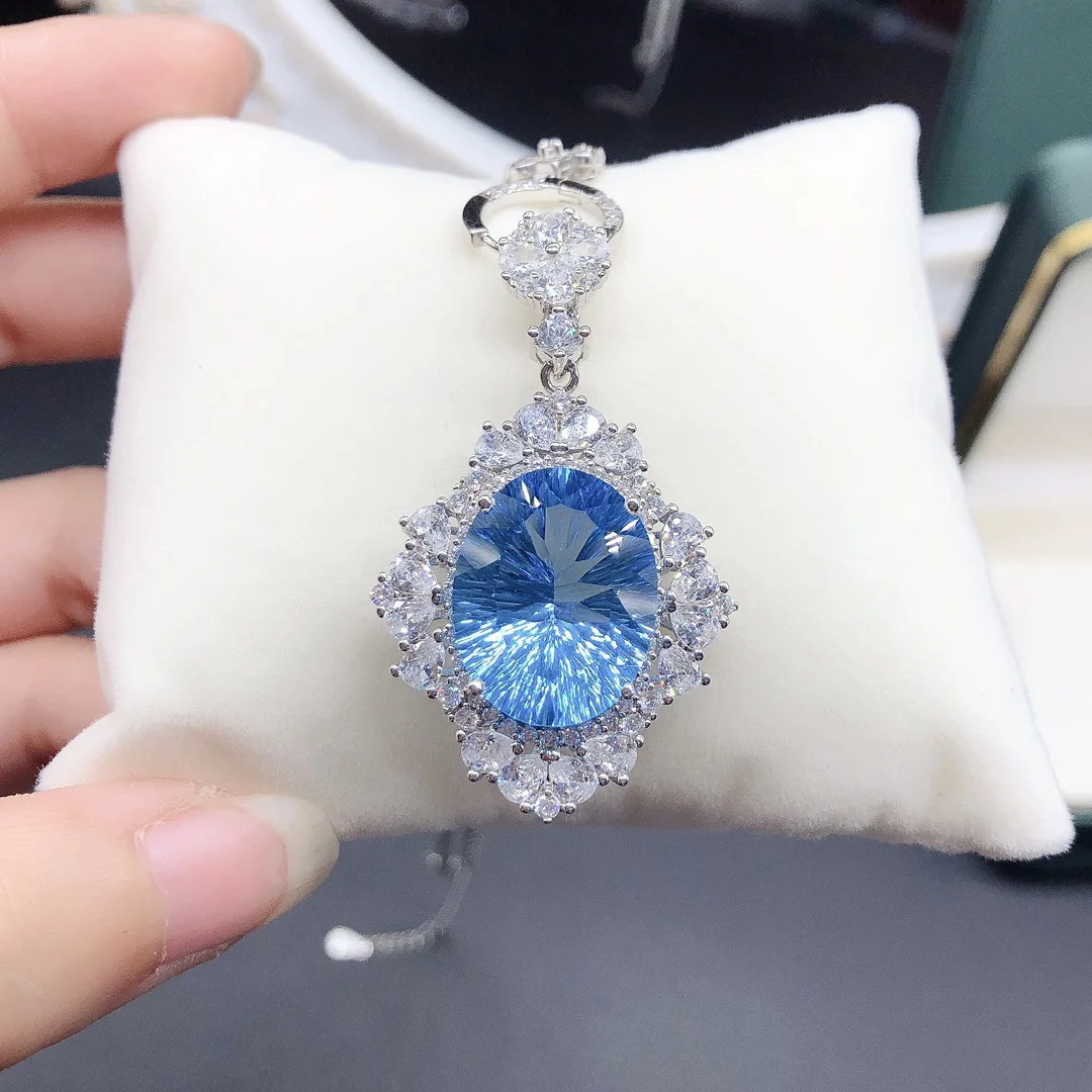 

Natural Swiss blue topaz necklace 925 sterling silver jewelry Fire color Good beauty women's luxury jewelry certified boutique