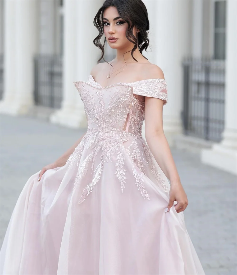 Formal Gown Evening Saudi Arabia Dearin Off-the-shoulder Ball Floor Length Skirts Sequin Draped Tulle Applique Bead Bespoke Wedd