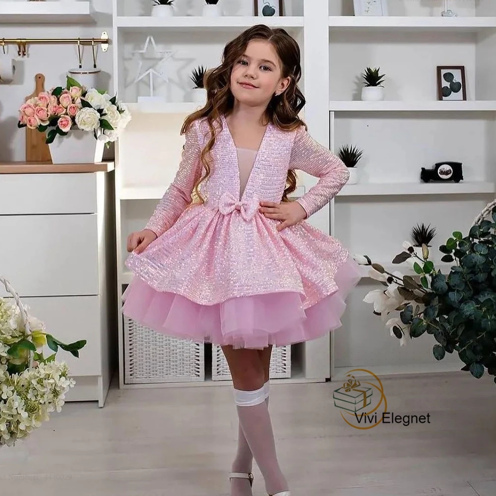 

Pink V Neck Full Sleeve שמלת כלה לילדות for Birthday 2023 Summer Bow Zipper Back Sequined Wedding Party Gowns فساتين بنات صغار