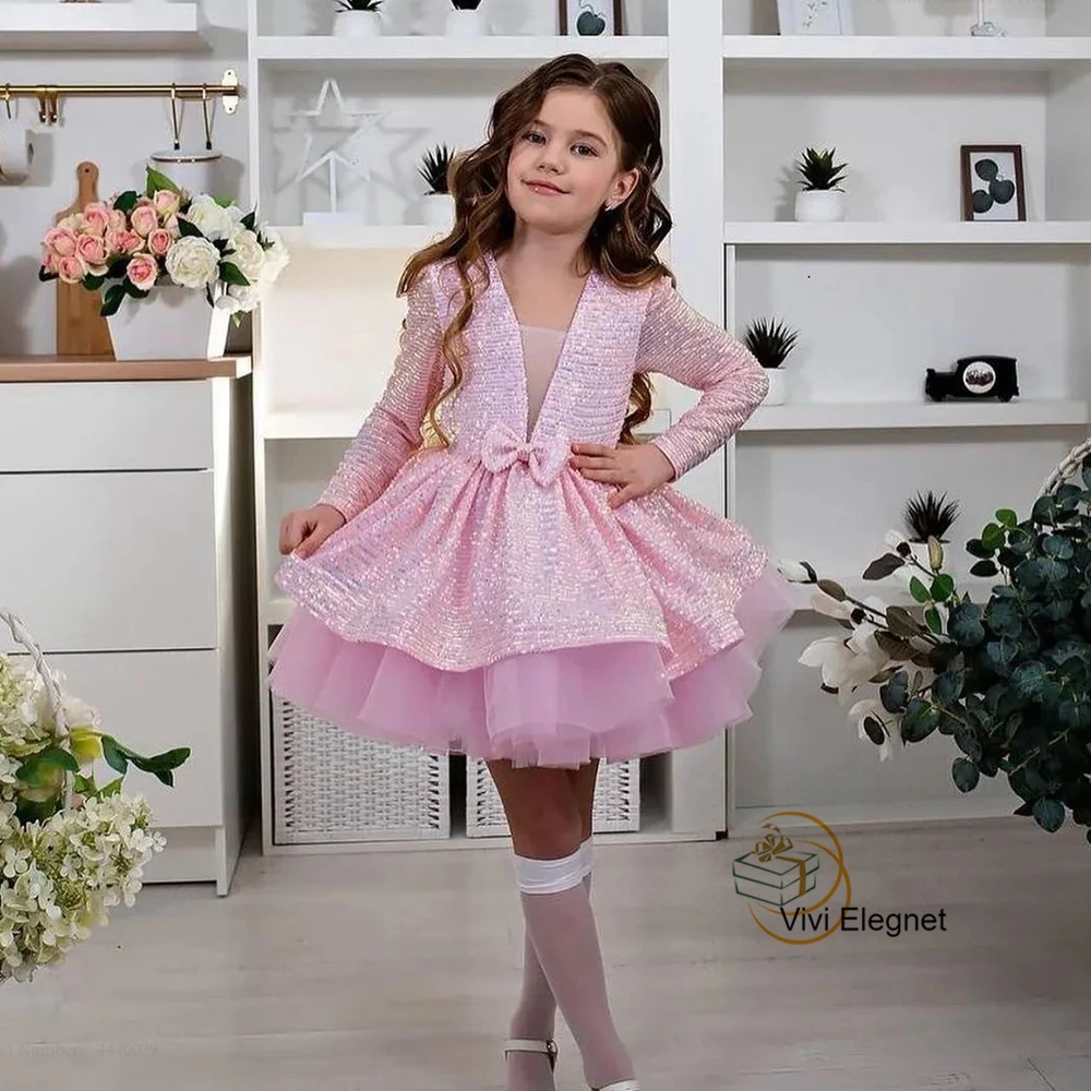 Pink V Neck Full Sleeve שמלת כלה לילדות for Birthday 2023 Summer Bow Zipper Back Sequined Wedding Party Gowns فساتين بنات صغار