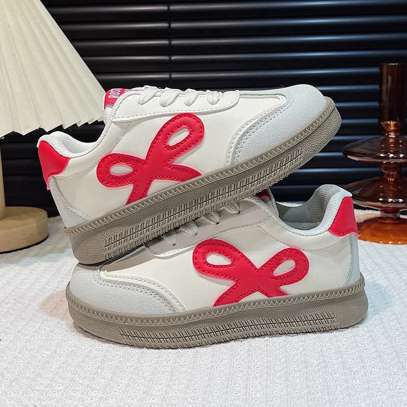 Girls Bow Decor Retro German Trainer Sneakers, Kids Leather Casual Lace Up Walking Shoes for Spring Autumn