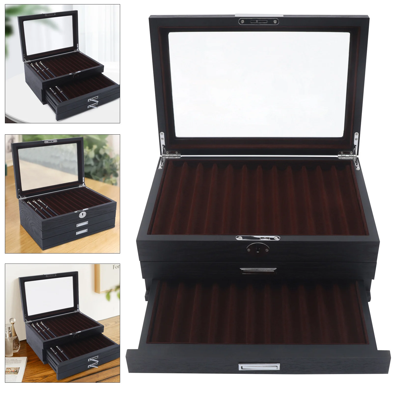 

Wood Pen Display Box Luxury Fountain Pen Collector 34 Slot Pen Storage Organizer Case with a Key Suitable for Store Pens Black
