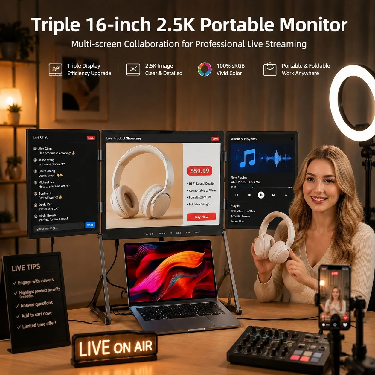 Portable Screen for Laptop Triple 16 Inch Foldable 480cd Professional Backlight Triple Portable Monitor Trader Coding Equipment