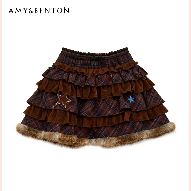 

Vintage Design Star Embroidery Splicing Polka Dot Mesh Women's Skirt 2025 Autumn Winter New Casual Versatile Short Skirts Ladies