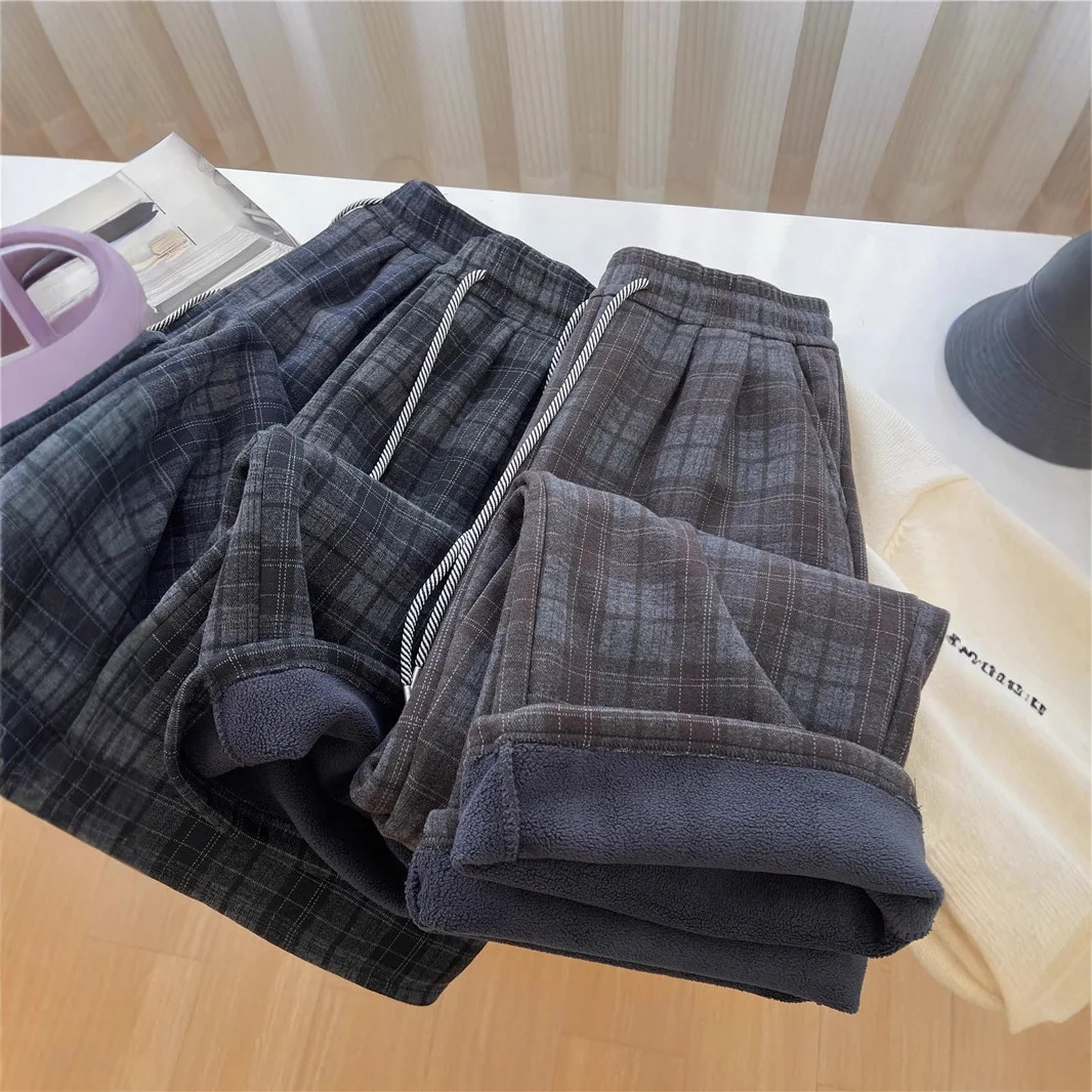 

2025 зимние плюшевые матовые клетчатые широкие брюки в стиле ретро с эластичной резинкой на талии и высокой талией, свободные прямые брюки, повседневные брюки