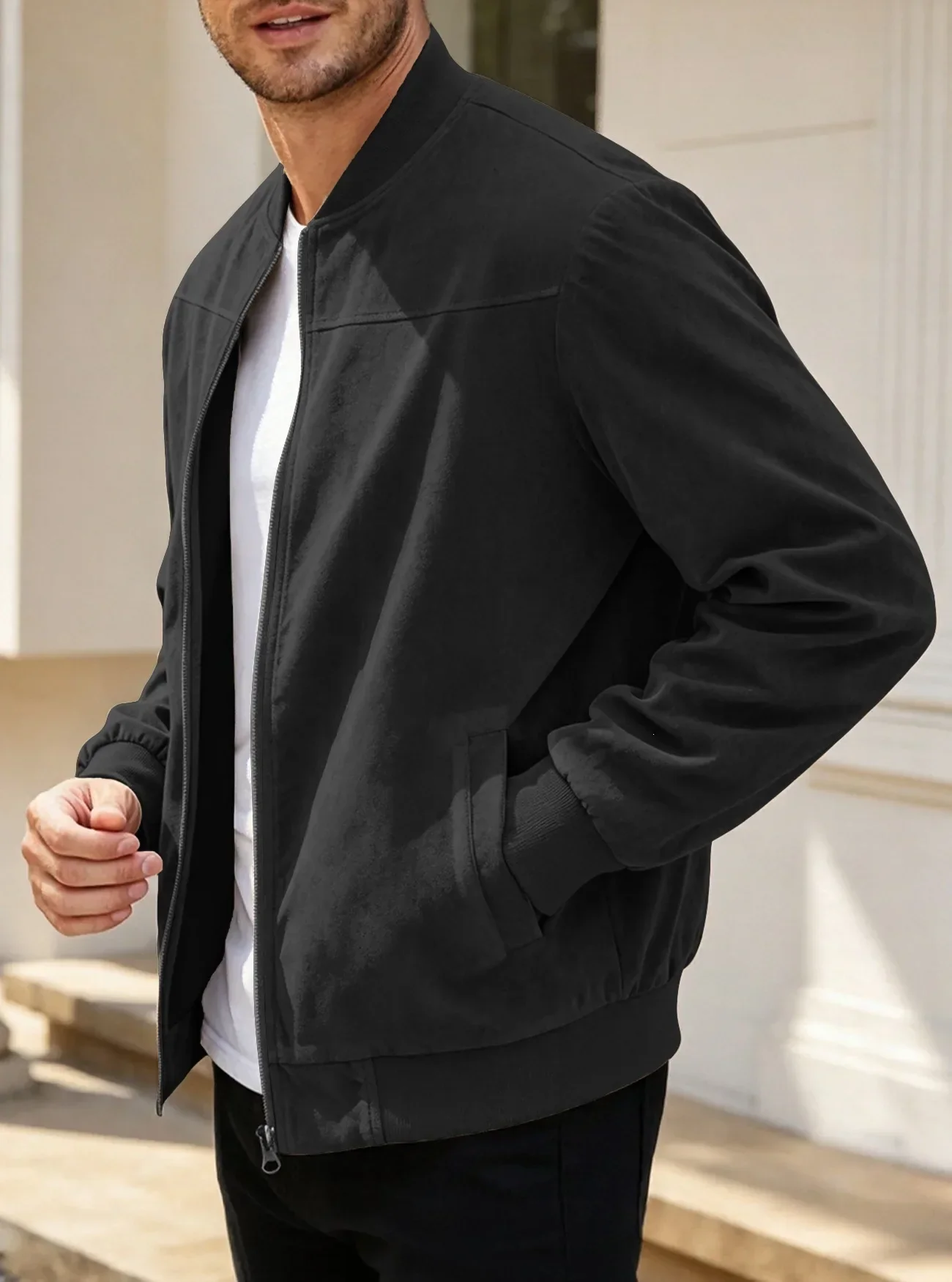 Herren-Wildlederjacke mit durchgehendem Reißverschluss, Stehkragen, lässig, langärmelig, einfarbig, leichte Streetwear-Oberbekleidung – Detail 7