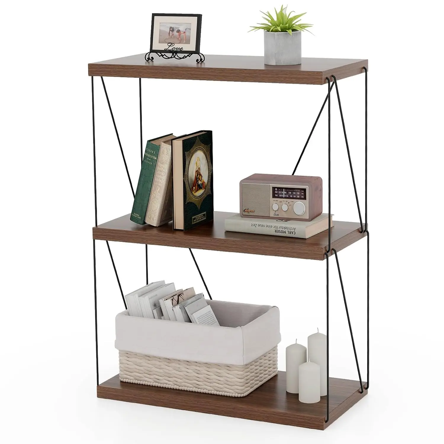 

3-Tier Bookshelf Metal Frame Industrial Storage Shelving Unit Display Rack Bedroom Living Room Study Office Walnut, Customized