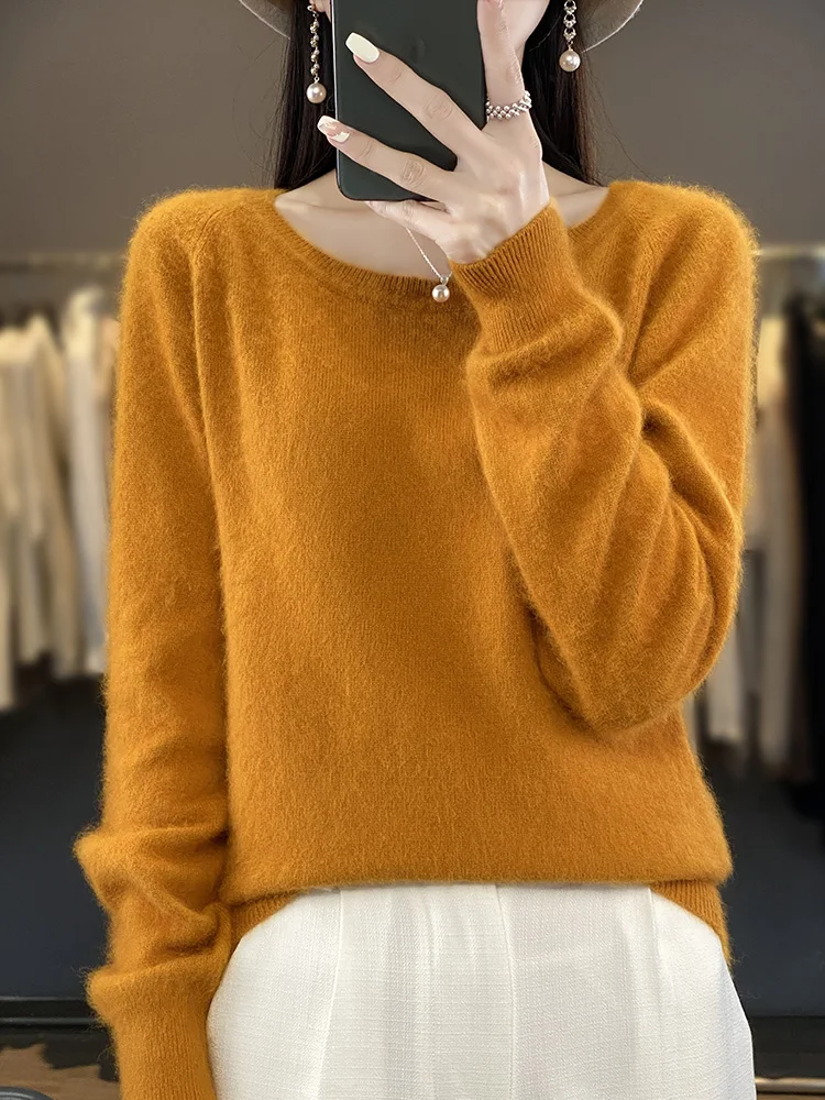 2024 New Women Basic O-neck Pullover Sweater 100% Mink Cashmere Long Sleeve Cashmere Knitwear Autumn Winter Female Clothing Tops