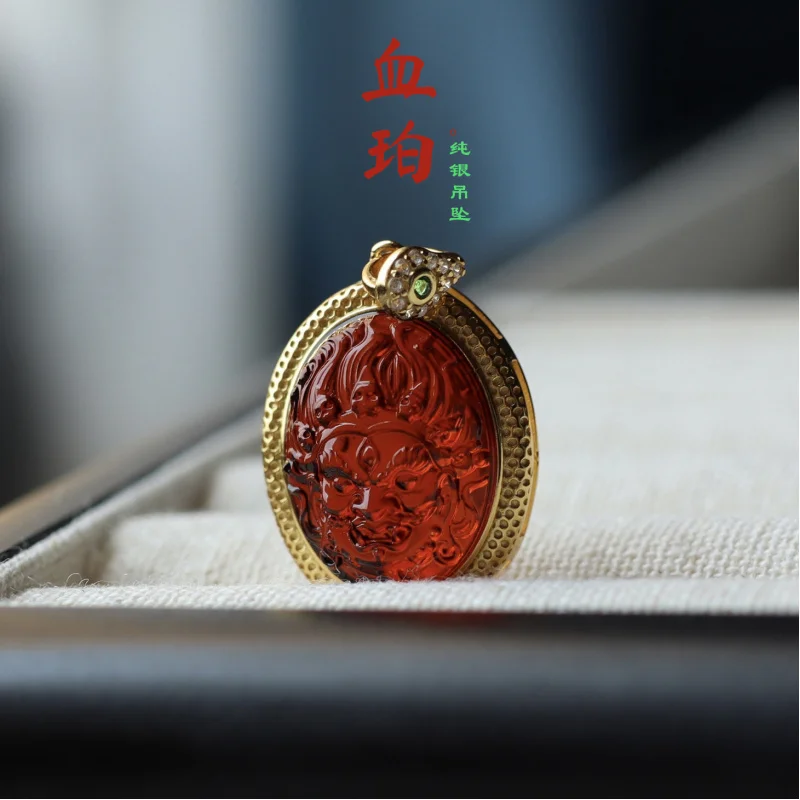 

Natural Purification Blood Amber Great Black Pendant Full Body S925 Silver Tibetan