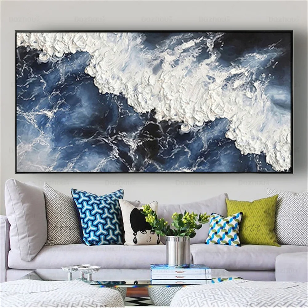 

Large Mural On Canvas Handmade Blue Oil Painting Vertical Panel Pendant Abstract Sea Wave Wall Art Picture Decor Living Room