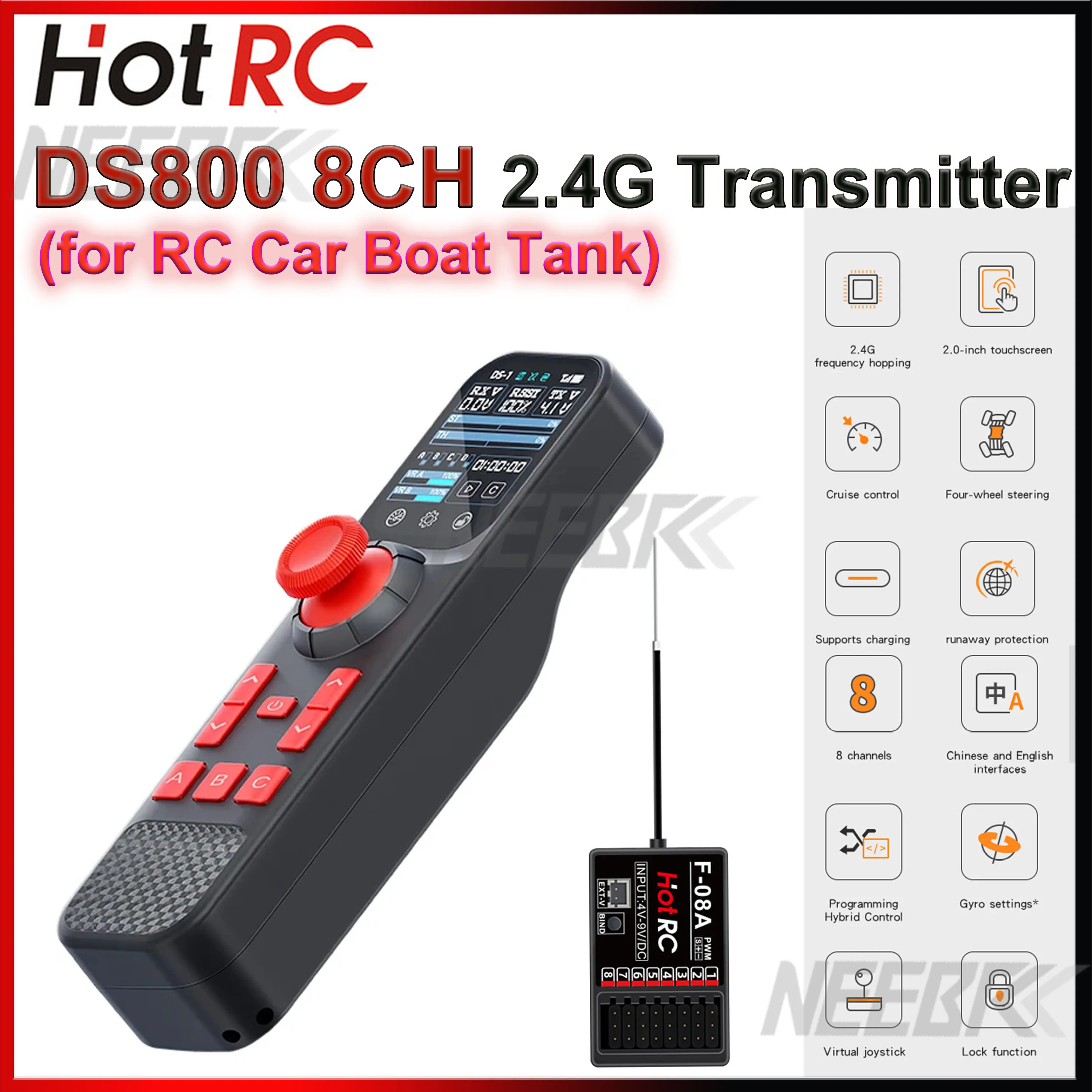 HOTRC DS-800 DS800 8CH 2.4G Radio System Transmitter Touchable Color Screen Remote Control F-08A Receiver for RC Boat Car Tank