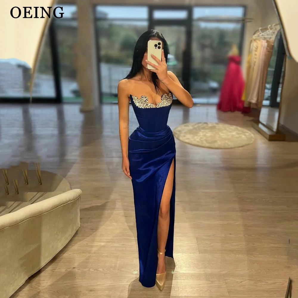 OEING Elegant Satin Simple Strapless Evening Dresses Sexy Sleeveless Split Women Formal Prom Gowns Vestidos De Noche 2024 Gala