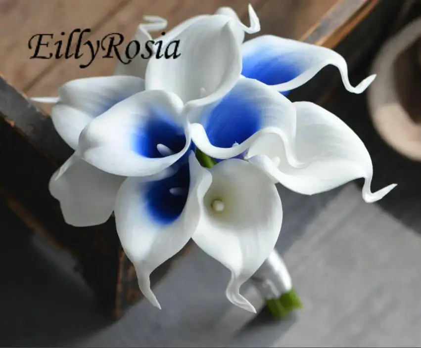 EillyRosia Buket Pengantin Riam Mawar Putih Inti Biru Royal Calla Lily Sentuhan Nyata Set Bunga Pernikahan Air Mata untuk Pengiring Pengantin