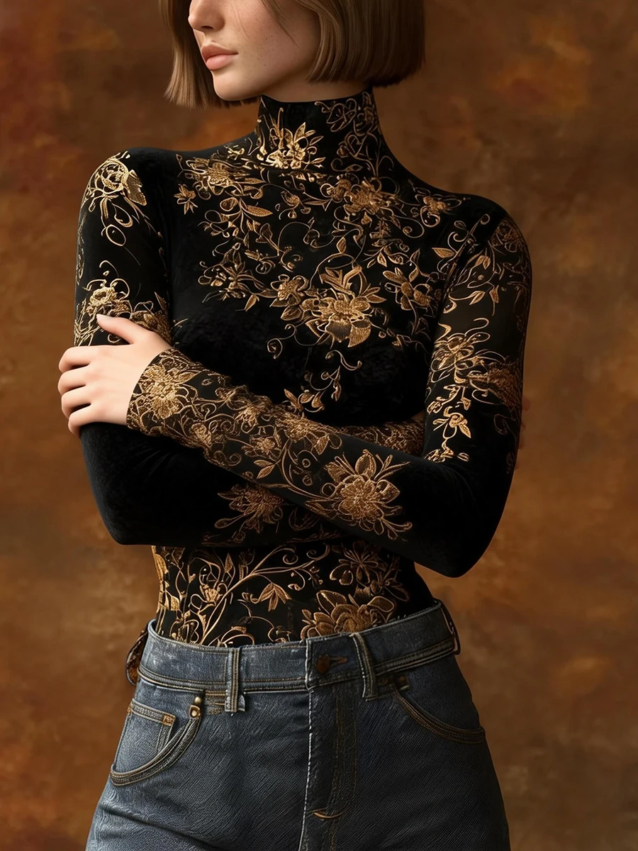 

Bonboho 2026 Women's Stylish Long Sleeve T-shirt Floral Print High Neck Long Sleeves Skinny Shirt Spring Elegant Blouse