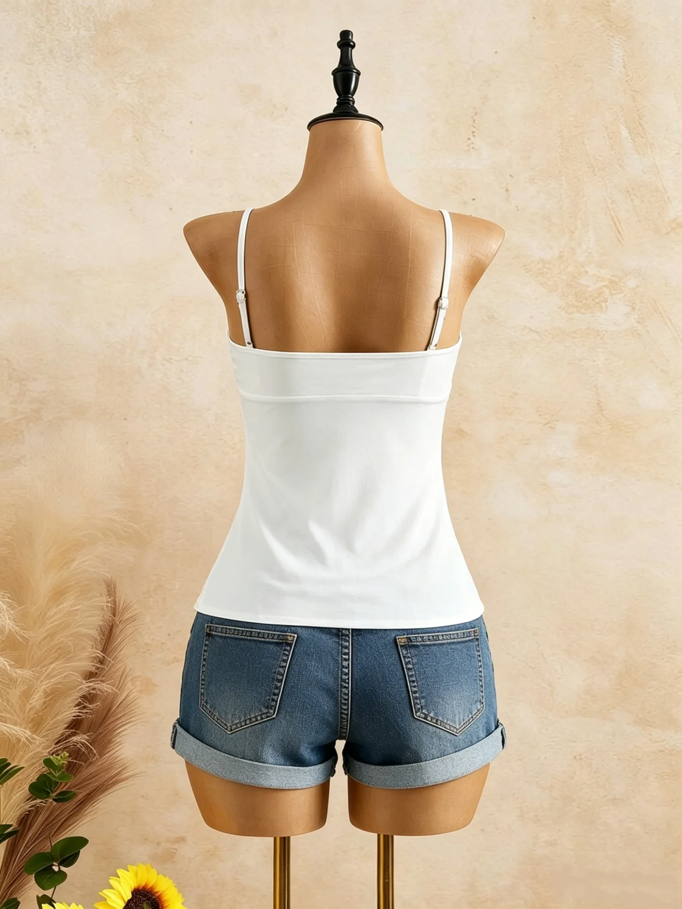 Damen Cami-Top mit Spaghettiträgern, Herzausschnitt, vorne gebundenem Twist und ausgestelltem Peplum, Sommer 2026, einfarbig Weiß, lässig, Urlaub, schmale Passform – Detail 6
