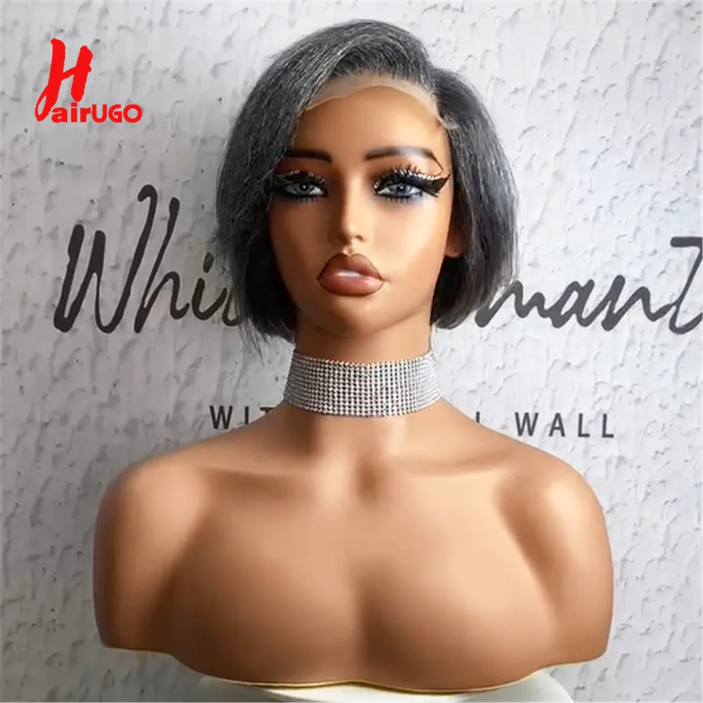 Graue 4x4 Lace-Closure Echthaarperücken für Frauen, gemischte silberne Lace-Closure-Perücken, vorgezupft, 8 Zoll kurze BOB-Perücken HairUGo – Detail 6