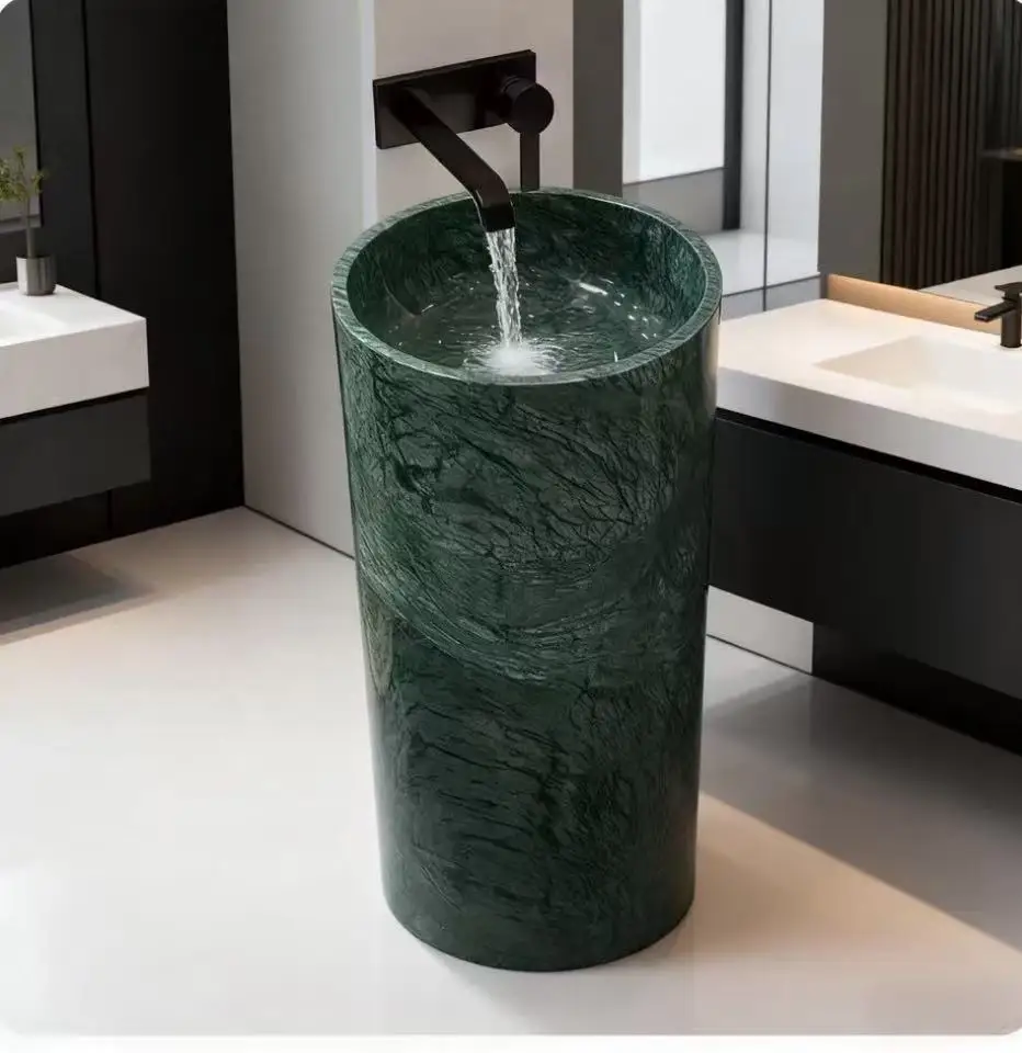 Modern Standing Pedestal Hand Wash Basin Sink with Polished Natural Green Marble Stone Hotel Drainer for Bathroom Use