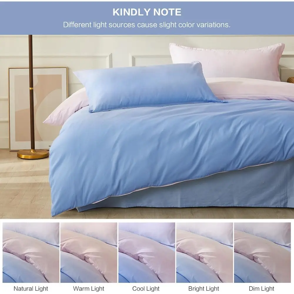 Blue and Pink Gradient Queen Duvet Cover Set with 8 Ties, Reversible, Zippered Microfiber