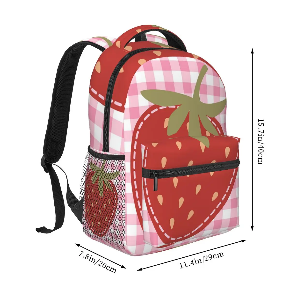 Cute Coquette Strawberry On Pink Plaid Background Backpack Hot Sale Daypack Large Capacity Kids BookBag School Bag Shoulder Bags