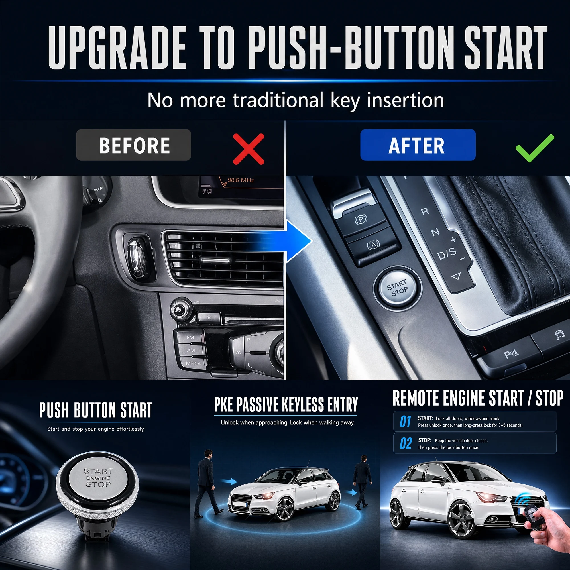 For Audi A3 Vehicle Push To Start System Smart Key Entry Keyless Ignition Engine Start Stop Vehicle Specific Harness