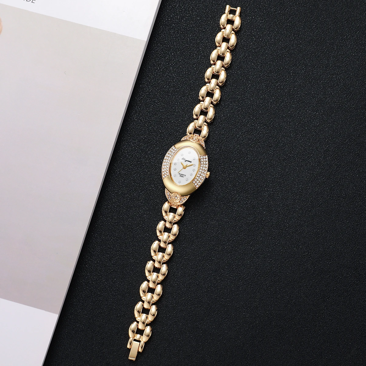 Fashion Oval Rhinestone Women Quartz Watch Golden Bracelet Strap Ladies Dress Wristwatches Relogio Feminino (Without Box view 5