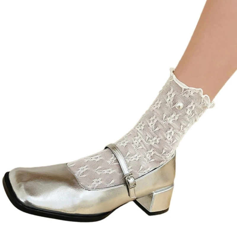 Women Girls Korean Elegant Pearl Beaded Middle Tube Calf Sock Aesthetic Hollowed Out Flower Lace Ruffle Frilly Sock