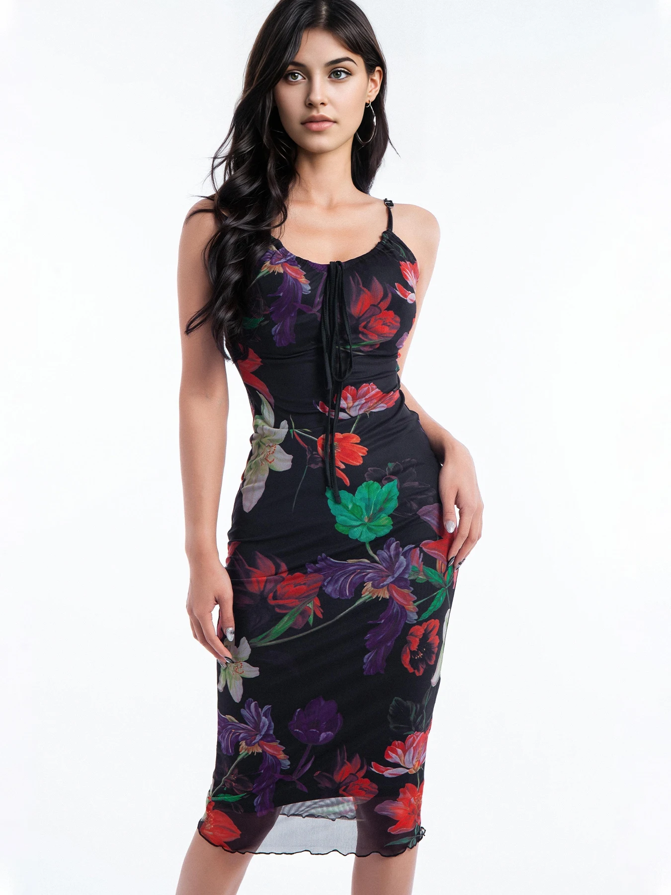 

Women Summer Fashionable Elegant Knitted Mesh Print Suspenders Dress Sexy Slim Fit Pleated Backless Drawstring Neck Beach Dress