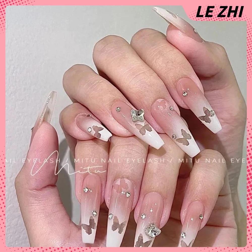 French Handmade Wearable Press On Nails Party Sticker Gradation 3D Rhinestone Almond Full Cover Nail Party Stickers Holiday Gift