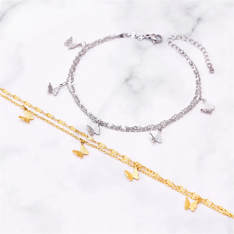 316L Stainless Steel New Fashion Jewelry 2 Layer 5 Frosted Butterflies Elegant Foot Accessories Charm Chain Anklet For Women