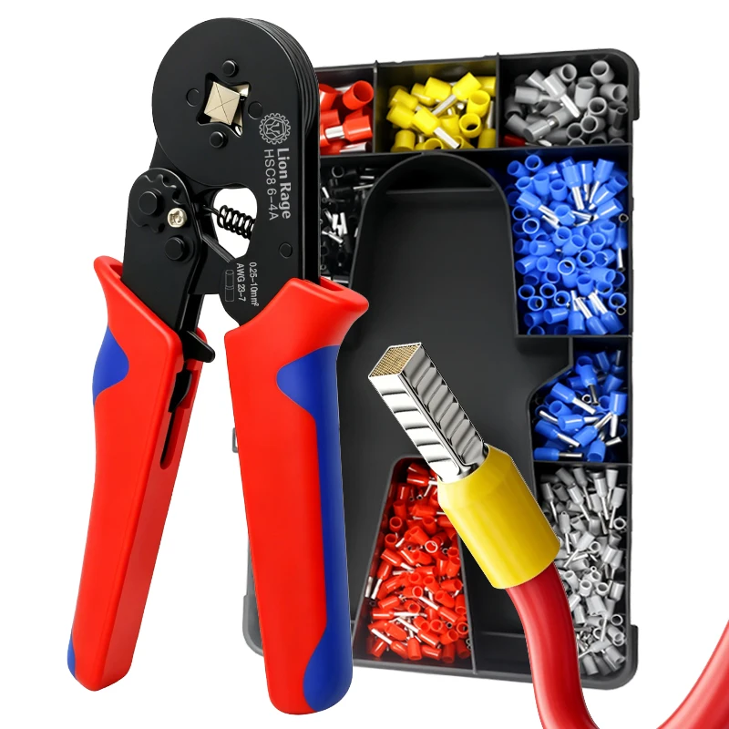 HSC8 6-4 Ferrule Crimping Tool Kit, Self-Adjustable Crimper Plier with Wire Stripper, Electrical Terminal Set with Storage Box