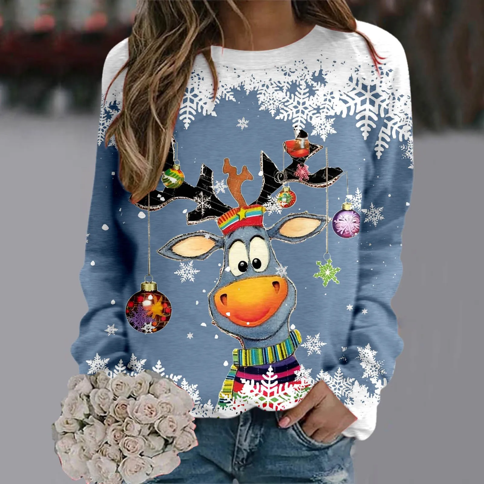 Women Christmas Sweatshirt Loose Snowflake Deer Head Print Xmas Top Teen Girls Long Sleeve Autumn Hoody Oversize Streetwear