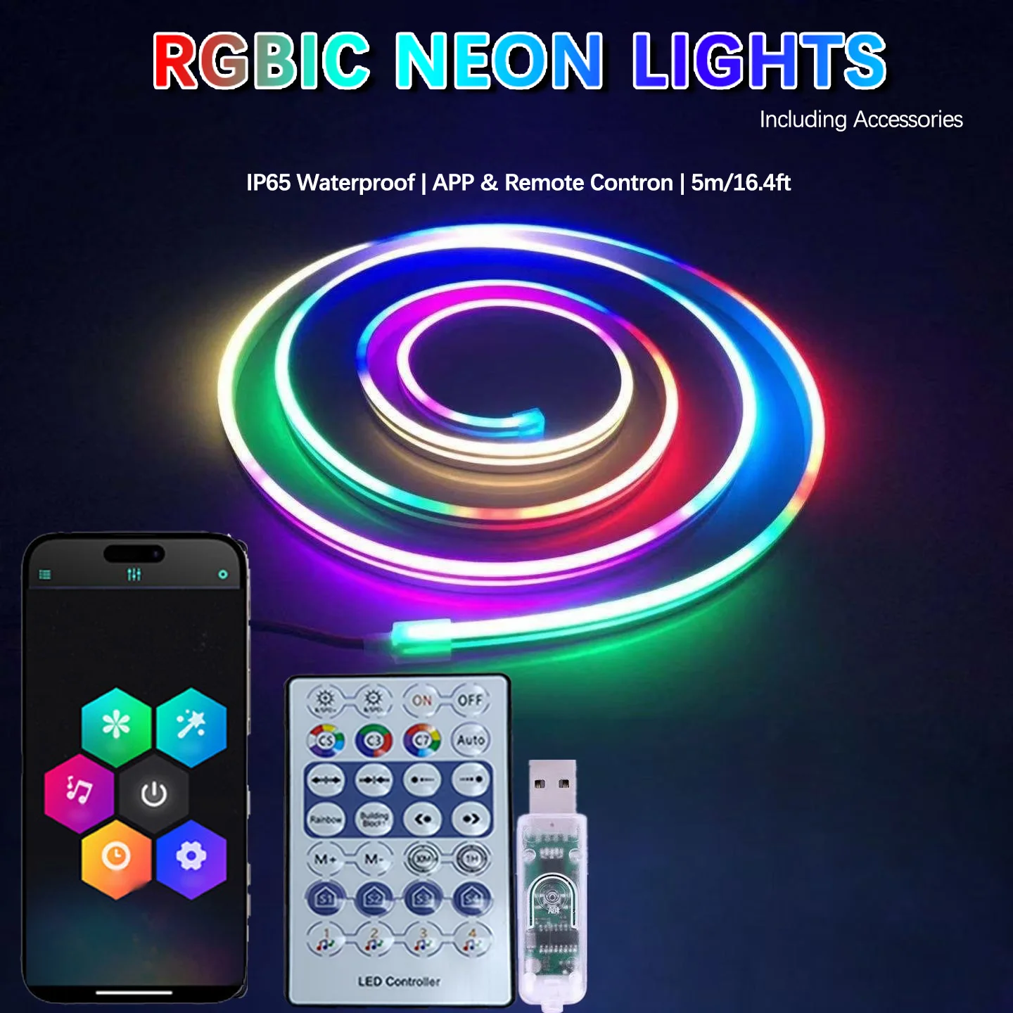 RGBIC Neon LED Strip Light 16.4ft Smart APP Control Music Sync IP65 Flexible Addressable Rope Light for Gaming Room Bedroom TV PC Background Decor