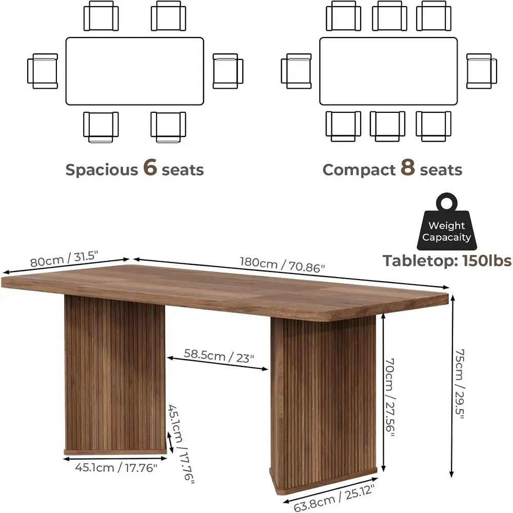 71 inch Recular Wood Dining Table or 6-8 People, ern luted Pedestal Kitchen Table, Heavy Duty Waterproo Thickened Tabletop, armh
