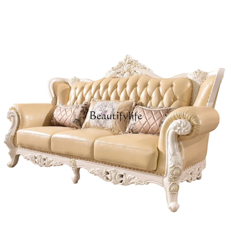 

LJY*European leather sofa, solid wood carving flower European paint French leather chair