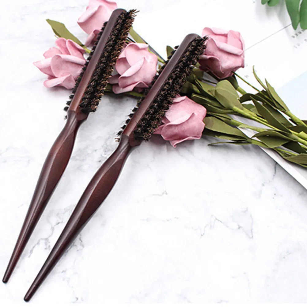 

2Pcs Hair Styling Combs Roller Brush Wooden Handle Pig Bristle Round Curling Hair Brush Professional Salon Detangling Volume