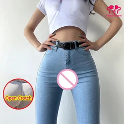 Woman Open Crotch Pants Three Zipper Sexy Jeans Crotchless Invisable Skinny Outdoor Sex Couple Costume Fashion Sexy Panties