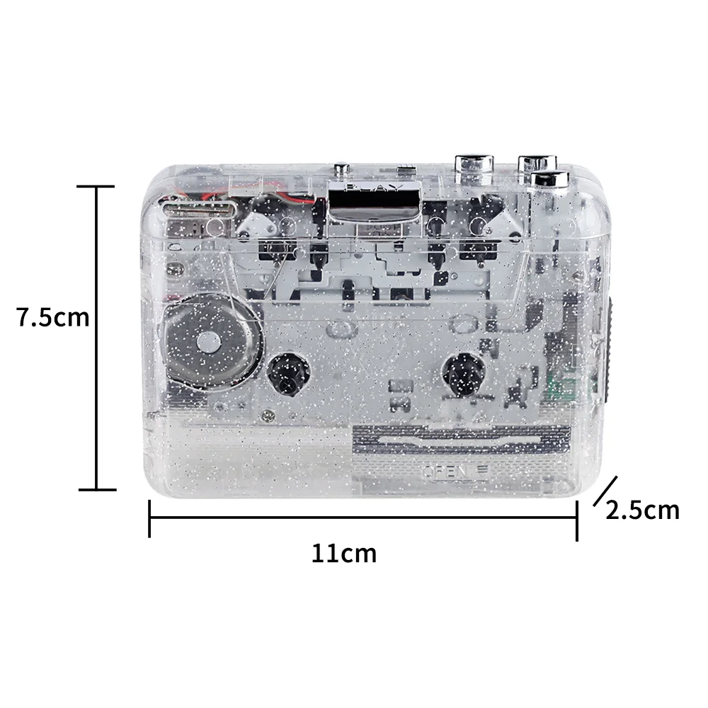 2026 OEM Wholesale Portable Vintage Style Clear Tape MP3 Converter Cassette Player Walkman With Glitter