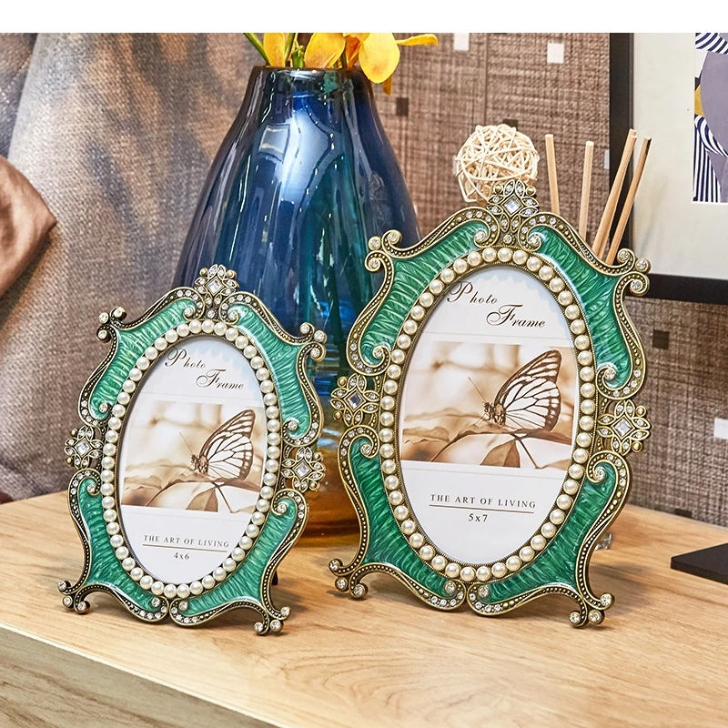 Vintage Green Gold Plated Photo Frames Desk Decoration Pictures Figures Portrait Framed Art Wedding Anniversary Gifts