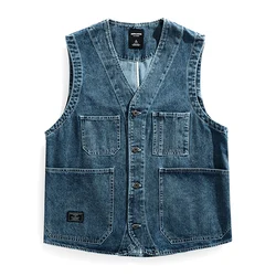 American Denim Workwear Vest Men's Mountain Outdoor Camping Spring Autumn Multi Pockets Vest Coat Y2K Youth Male Vintage Casual