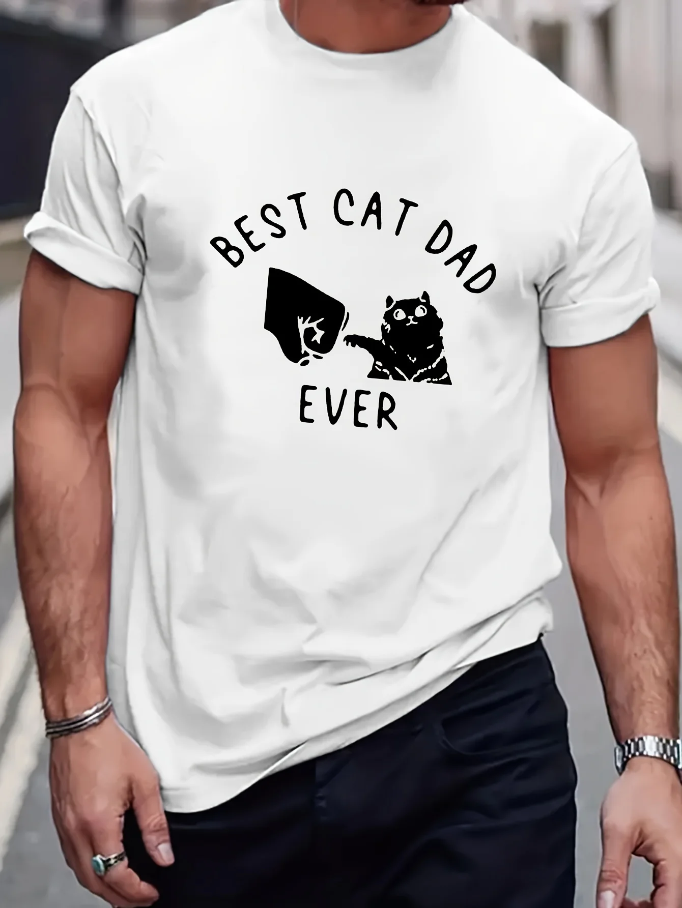 Best Cat Dad Ever Print Men's Trendy Short Sleeve T-shirts, Comfy Casual Breathable Tops For Men's Fitness Training