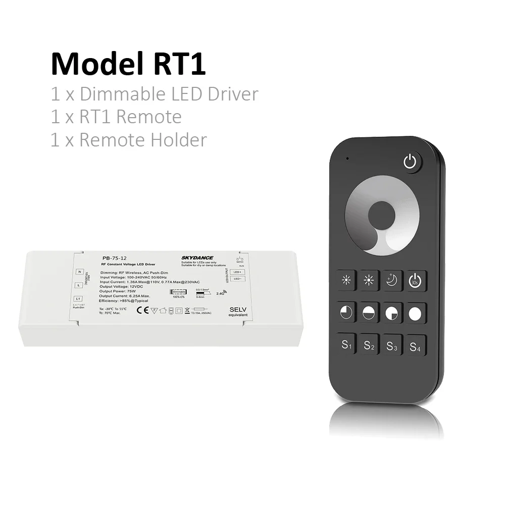 12 V 24 V 75 W LED Driver Dimbare LED Dimmen Skydance Push Dimmer 12 volt Constante Spanning 2.4G RF Afstandsbediening Driver RT1 R11