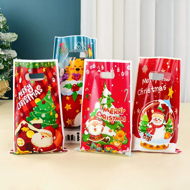 10pcs Christmas Candy Bags With Handles Santa Claus Snowman Elk Gift Bags Xmas Cookie Packaging Pouch For Home Navidad New Year