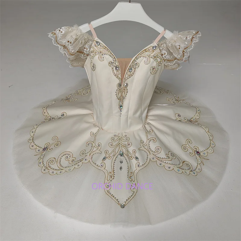 Womens Lace Ruffle Flutter Sleeve V Neck Ballet Tutu Performance Dress Gold Line Color Rhinestone Scroll Embroidery Petal Trim C