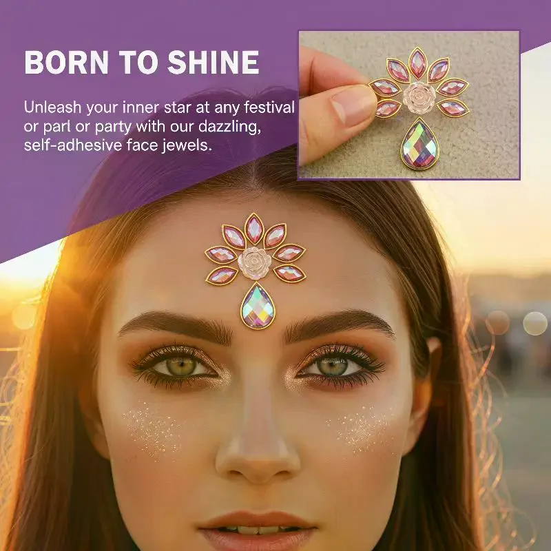 Face Jewel Stickers Shiny Rhinestone Self Adhesive Fashionable for Bachelorette Party Festival Makeup Decor