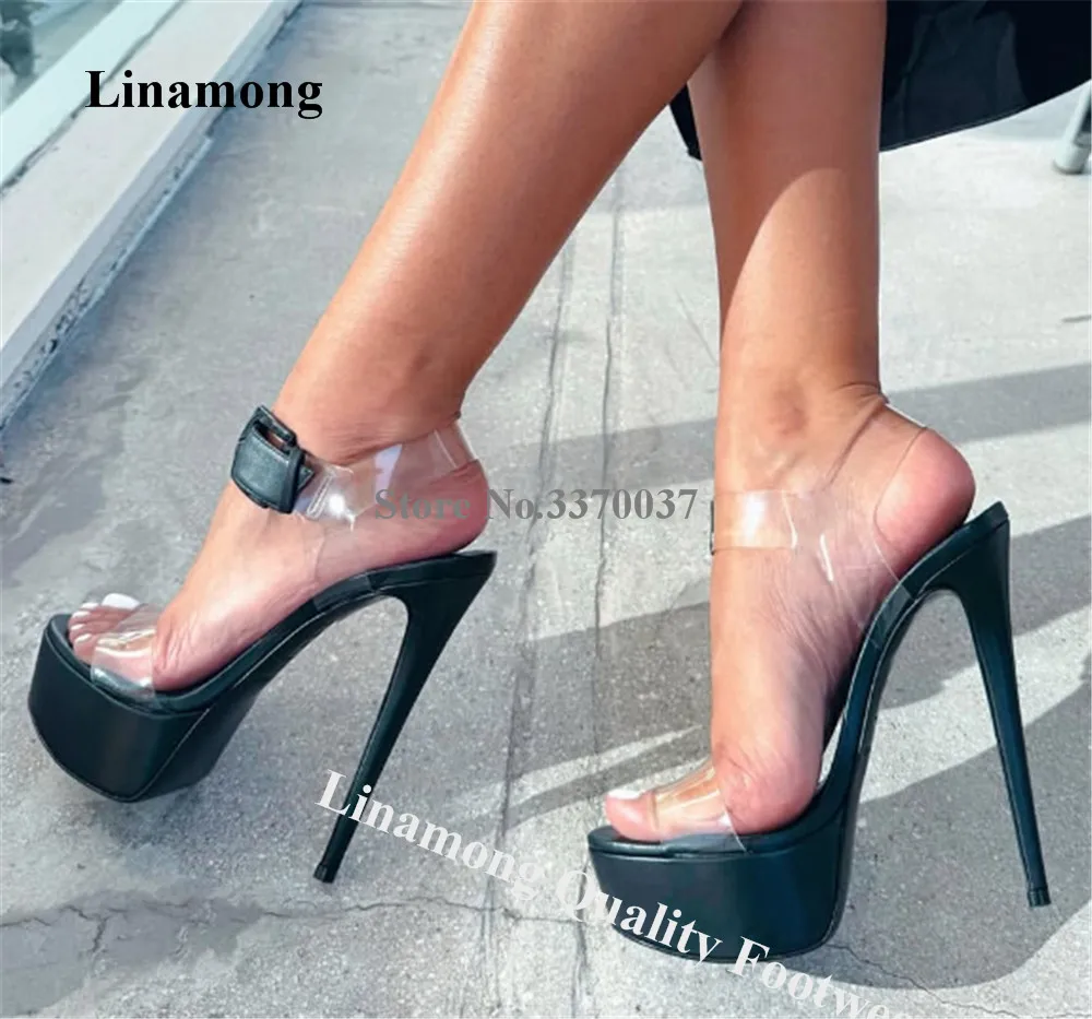 

Newest Sexy Clear PVC Patchwork Stiletto Heel Sandals Black Leather High Platform Transparent Thin Heel Party Shoes