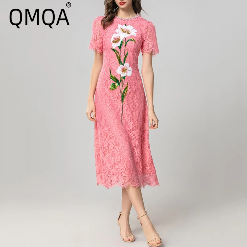 

QMQA Fashion Women's Elegant Lace Dress Short Sleeve Flower Embroidery High Waist Slimming Midi Party Dresses 2025 New QM239