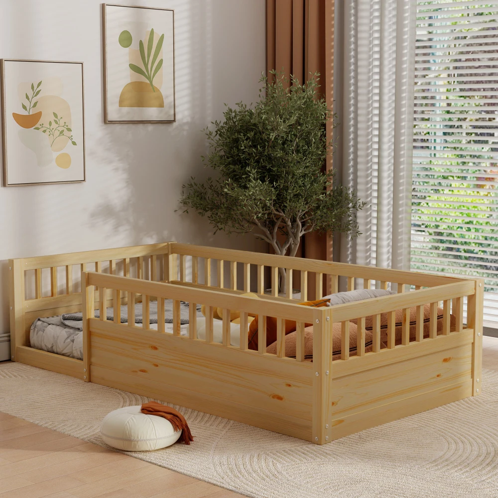

Twin Floor Bed Frame with Fence, Wood Kids Floor Beds Frame for Bedroom Playroom,Natural