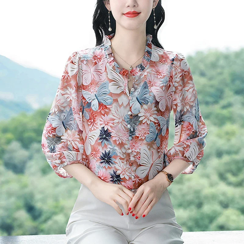 Chiffon Vintage Women's Shirt Summer Print Casual Women Blouses Loose Three Quarter Top V-neck Korean Version Clothing Sales