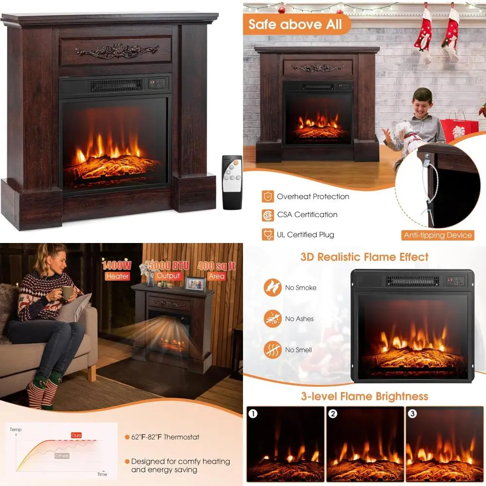 

32-дюймовый электрический камин с обогревателем мощностью 1400 Вт, 3D-эффектом пламени и дистанционным управлением